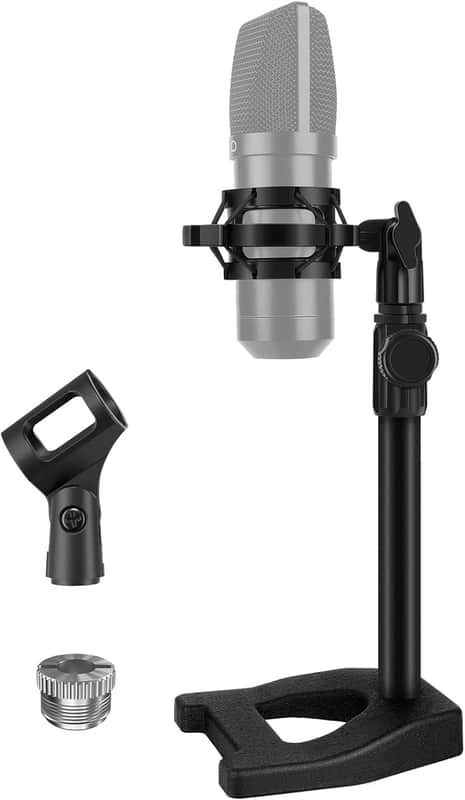 Desktop Microphone Stand, Mic Stand Desk Table with Weighted Base Shock Mount Mic Clip 3/8" to 5/8" Adapter Adjustable Height for Hyper X QuadCast Fifine K669B AT2020 Shure SM58 PGA48 image 1