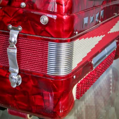 Vintage 1960s Silvio Soprani Accordion Model 8643 Full Size Red Mother Of Pearl with Original HSC image 15