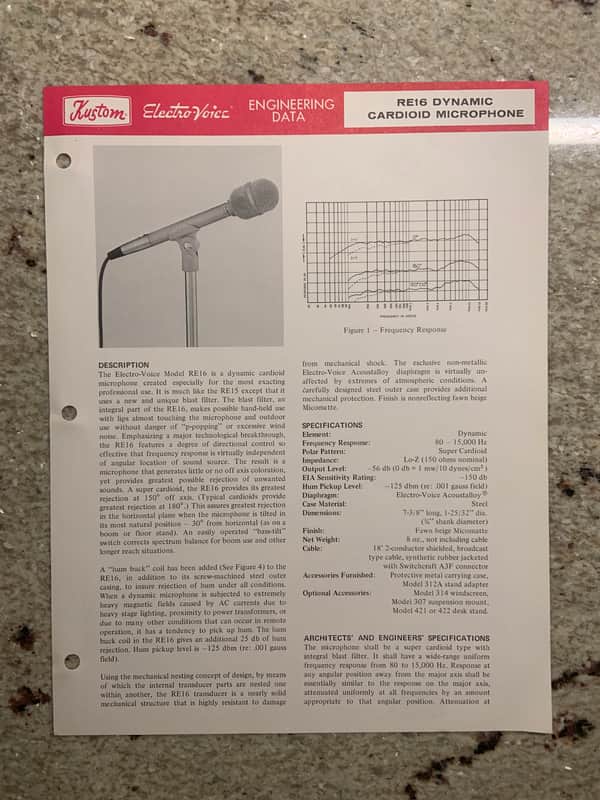 Vintage 1970s Kustom Electro Voice RE16 Dynamic Cardioid Microphone Spec Sheet! image 1