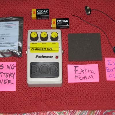 used vintage (1981) DOD 575 Flanger (ANALOG Flanger) Performer Series, MISSING battery cover (tannish gray casing with yellow graphic / yellow knob tops) + battery, strings, extra battery clips, & extra foam (NO box, NO paperwork, NO adaptor) image 1