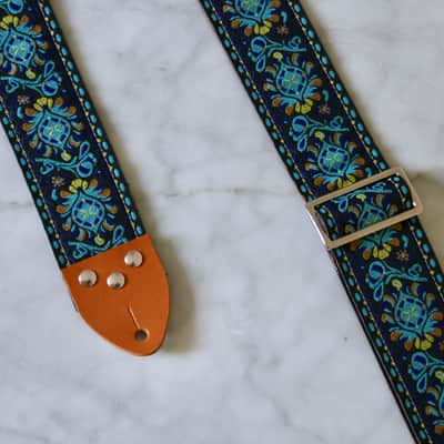 Vintage 70s Blue 'Peacock' Hippie Guitar Strap Replica image 2