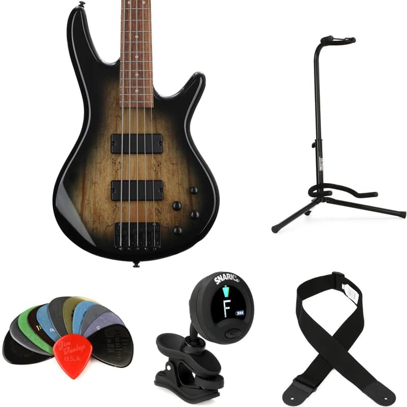 Ibanez Gio GSR205SMNGT Bass Guitar Essentials Bundle - Spalted Maple  Natural Gray Burst image 1