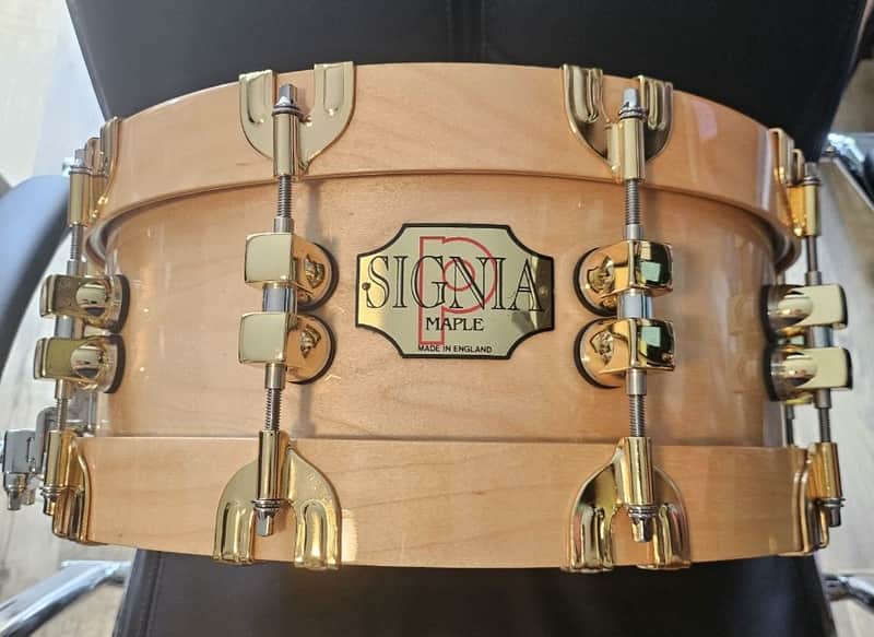 Premier 75th Anniversary Signia 14x5.5" 10-Lug Maple Snare Drum with Wood Hoops, Gold Hardware 1997 - Natural image 1