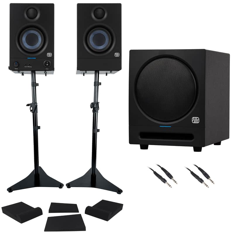 (2) Presonus Eris 3.5 2nd Gen 3.5" Studio Monitors+Stands and 8" Subwoofer w/Bluetooth image 1