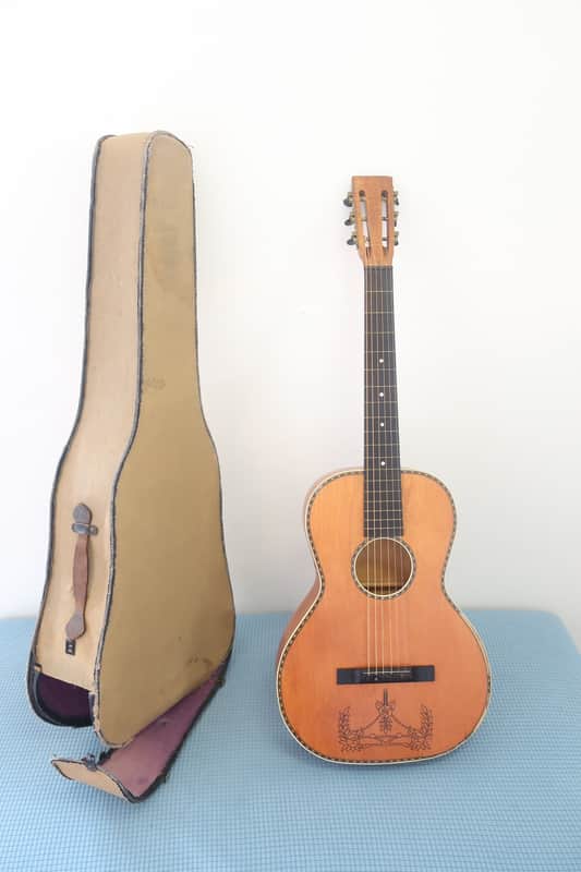 Antique Vintage 1930s Regal Parlor Guitar Project Scenic Floral Stencil Washburn Ditson Original Cloth Latch Case image 1