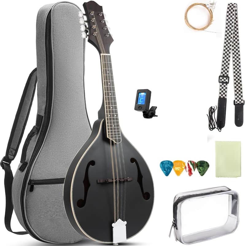 Mandolin Instrument A Style, Acoustic Mandolins Instrument Kit 8 String with Tuner Strap Gig Bag Chord Chart for Professional Beginners Adults Teens Youth Kid(A Style Acoustic Black, 8 String) image 1