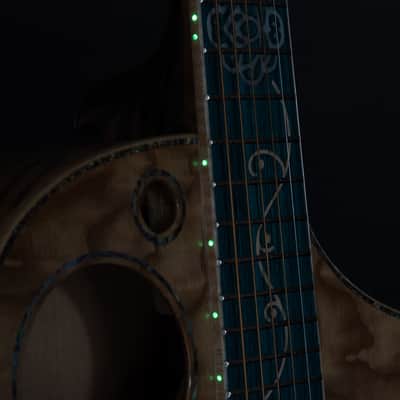 Lindo Earth Slim Body Electro Acoustic Guitar | Figured Tamo Ash and Flatsawn Zebrano | BS3M Blend Preamp/Tuner with Dual Jack/XLR Output | Solid Maple Teal Fretboard and Bridge (Nylon Strings) image 14