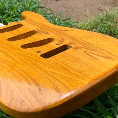 Light Back Routed Swamp Ash 1" Wood Strips Strat (Woodtech, USA) in Golden Amber Truoil Finish image 6