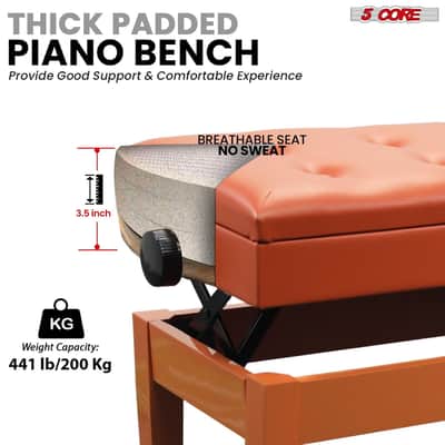 5 Core Duet Piano Bench 3.5 Inch Padded Cushioned Stool Wooden Heavy Duty Musician Chair Height Adjustable Double Keyboard Seat w Storage Nonslip Leg - PNB DT CML BRWN-Camel Brown image 2