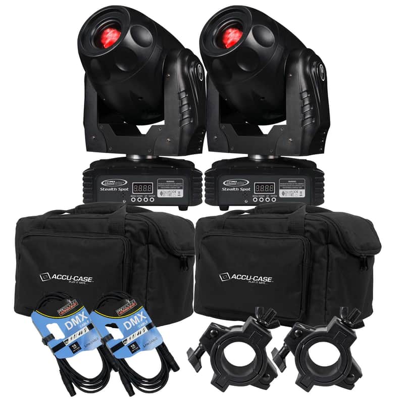 (2) Eliminator Lighting Stealth Spot LED Moving Head, (2) ADJ F4 Par Bags, (2) DMX Cables, (2) O Clamp Bundle image 1
