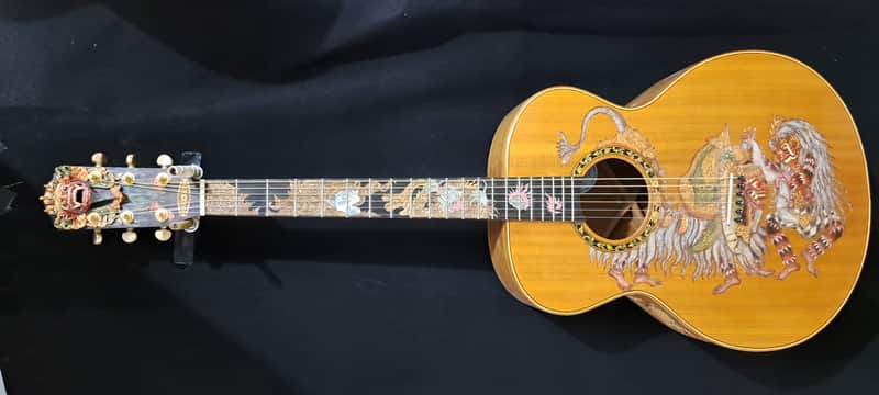 Blueberry Left Handed Handmade Acoustic Guitar Grand Concert Balinese Barong Motif New In Stock image 1
