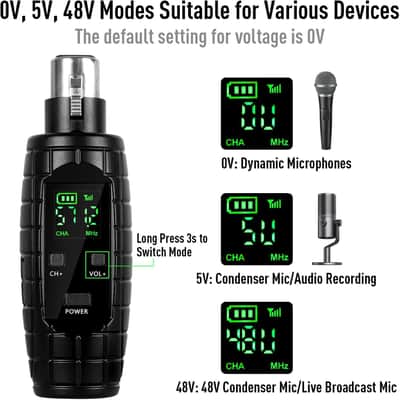 UHF Wireless Microphone System,Transmitter and Receiver XLR Adapter for Dynamic Microphones, Guitar, Mixer, PA System, 16 Adjustable Frequencies, USB Charge, 250ft Range image 2