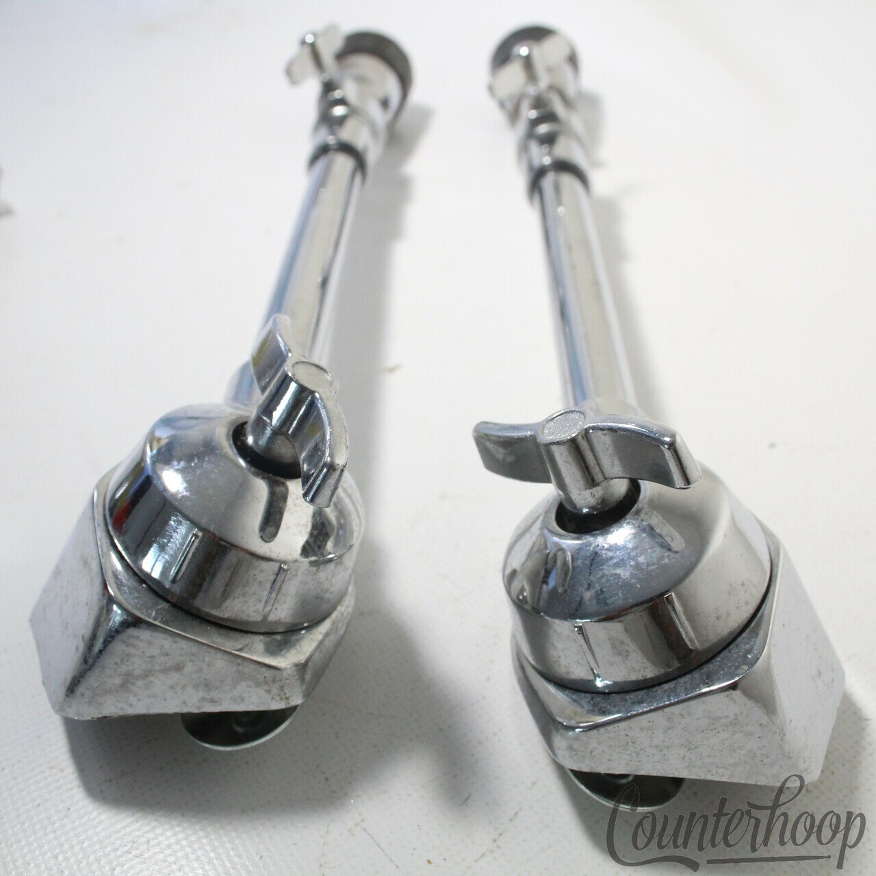 Pearl 2x Bass Drum Spurs+Mounts Heavy Duty Telescoping Legs Chrome 80s Rubber Ft — main photograph