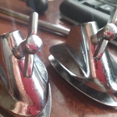 Tama Vintage TRAK PAIR Bass Drum SPUR MOUNTS W/ BACKING PLATE & LEGS MIRROR IMAGE RARE PARTS 80s image 12
