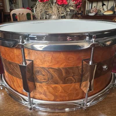 ~NEW!~ Pork Pie Decaf Macchiato Maple 6.5x14 Snare Drum in Satin Burled Walnut with Sapele Stripe image 3