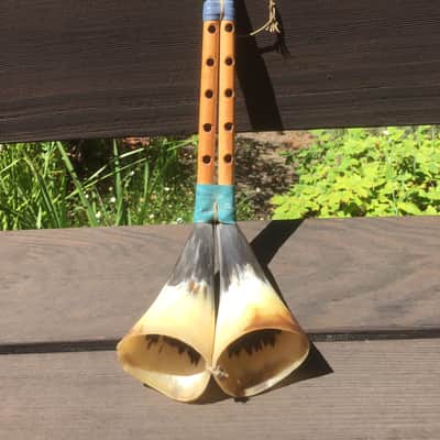 No Name Zumare Albanian Double Folk Clarinet With Cow Horn Double Bells 1970's - 80's - Natural Bamboo, Reed, Cow / Bull Horns and Vinyl Binding image 1