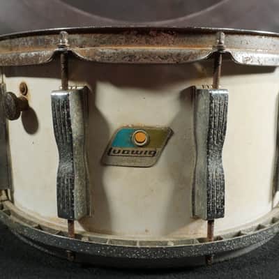 Late 1970s / Early 1980s Ludwig Classic 14x7 Wood Shell Snare Drum White Finish Blue Olive Badge image 1
