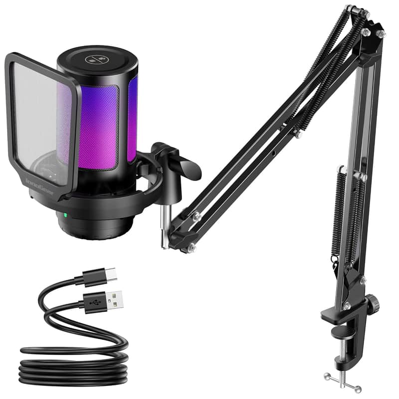Gaming Usb Microphone, Noise Cancellation Condenser Mic With Mute, Gain, Rgb Indicator, Boom Arm Stand For Streaming, Podcast, Twitch, Youtube, Discord, Pc, Computer, Ps4, Ps5, Mac, Black image 1
