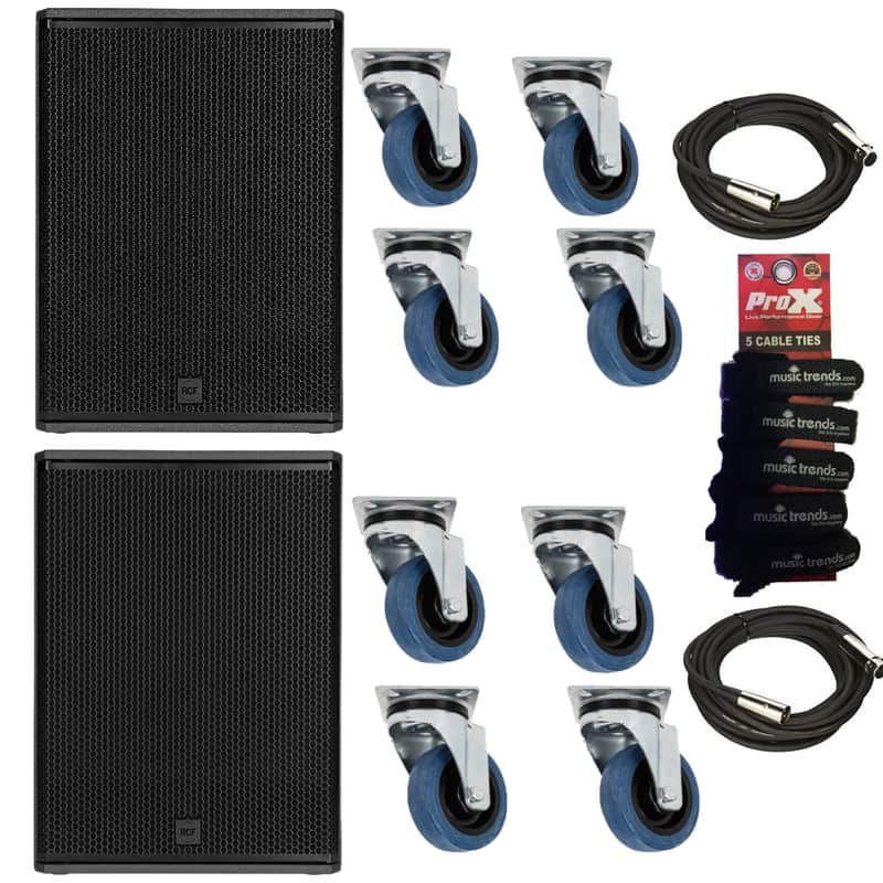 2x RCF SUB 18-AX PROFESSIONAL ACTIVE 18" SUBWOOFER (BLACK) + Wheels + XLR Cable image 1
