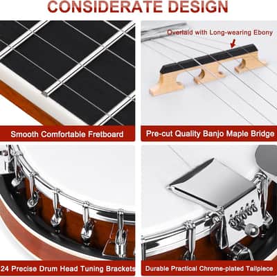 LEFT-HANDED Banjo 5 String Mahogany Open Back Banjo with Resonator, Drum Head, Geared 5th String Beginner Kit with Manual, Full Size image 3