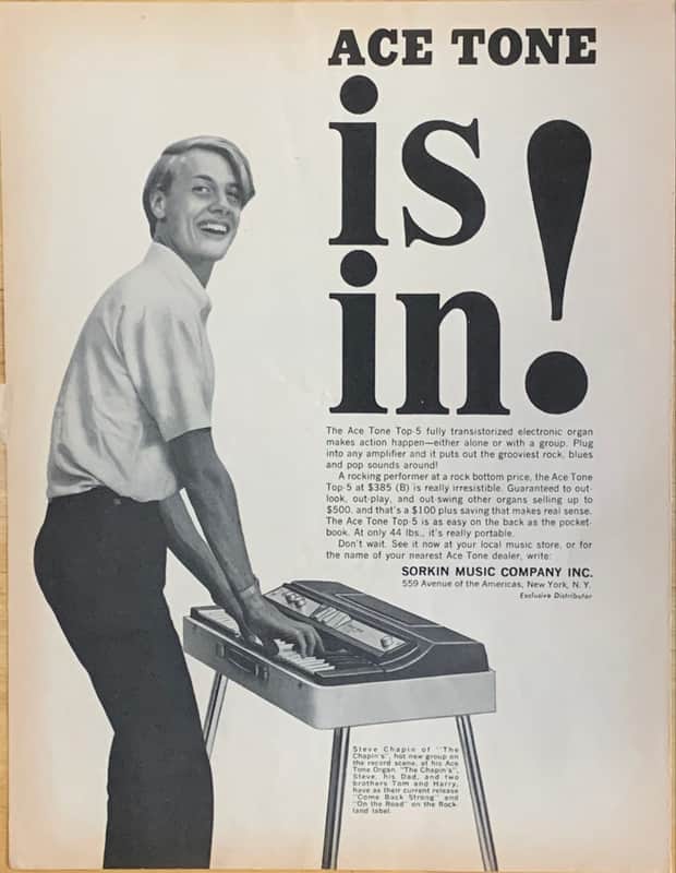 1966 Ace Tone Organ Original Black & White Magazine Printed Advertisement Steve Chapin of The Chapin image 1
