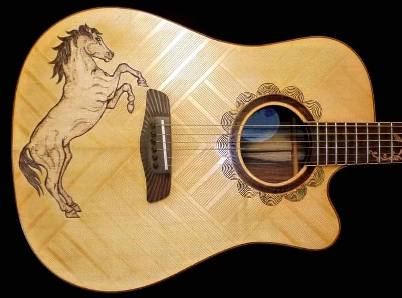 Acoustic Guitar Handmade by Blueberry, 6 String Wood Horse Motif Guitar,Custom Handcrafted Wooden Guitar, Dreadnought Guitar,Steel String image 1