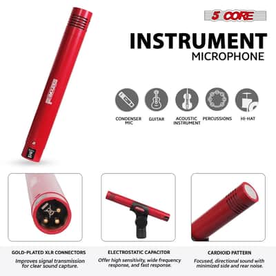 5 Core 9 Piece Drum Microphone Set w Kick Bass, Tom/Snare and Condenser Hi Hat & Cymbals Mics - Red image 4