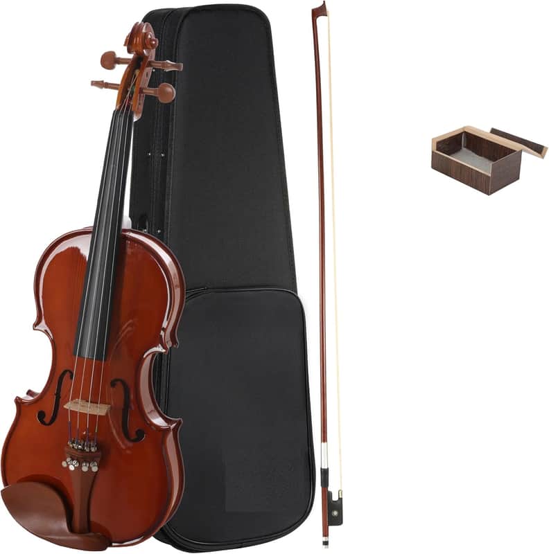 1/2 Size Natural Varnish Violin for Beginners, Hand-Carved Solid Spruce Top, Maple Back & Sides, Full Fiddle Kit with Hard Case, Bows, Rosin, Shoulder Rest, Lesson Book image 1