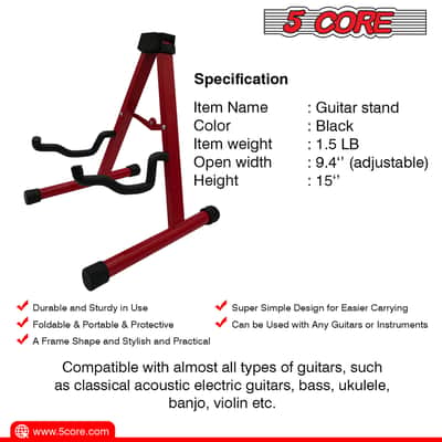 5 Core Guitar Stand A Frame w Soft Foam Arm Non Slip Rubber for Acoustic Electric Bass Ukulele image 2