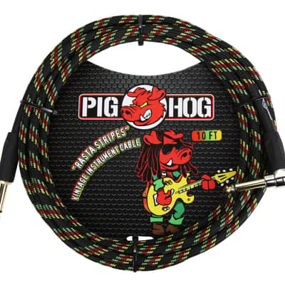 Pig Hog PCH10RAR Instrument Cable, 1/4" Straight to 1/4" Right Angle, Rasta Stripe Woven, 10"ft image 2
