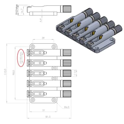 Headless bass bridge 5 strings 19 mm spacing with base plate by Nova Guitar Parts image 7