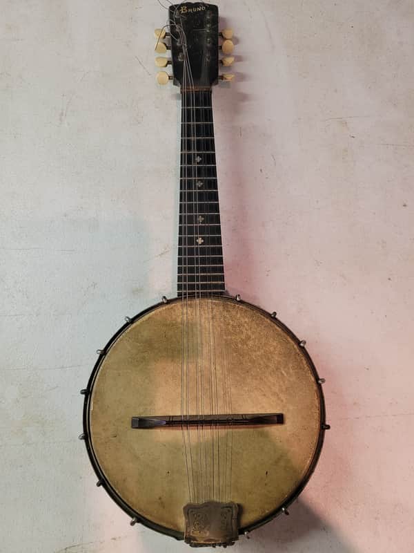 C. Bruno & Son Mandolin Banjo Vintage 8 string original 17 bracket Circa 1910 - 1920 - Original friction tuners, Original Calf skin head, 8 string, 17 brackets, straight neck, fair condition with wear consistent with age image 1