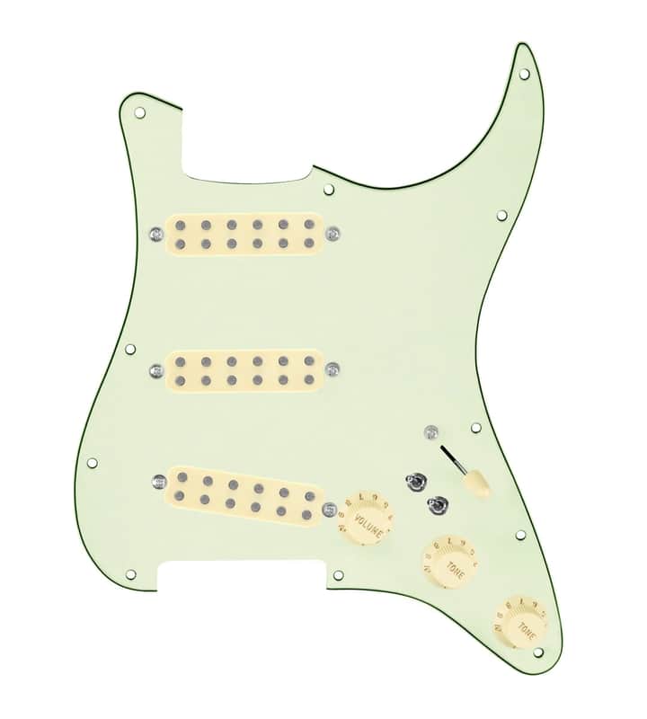 920D Custom Polyphonic Loaded Pickguard for Strat With Aged White Pickups and Knobs, Mint Green Pickguard, and S7W-2T Wiring Harness image 1