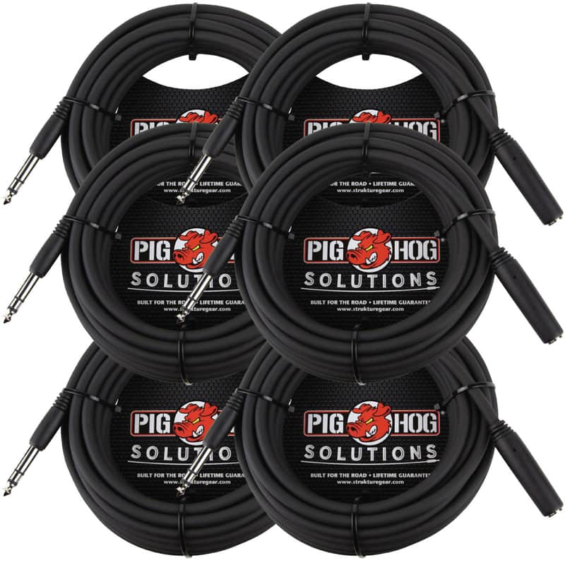 6 PACK Pig Hog PHX14-25 Solutions - 25ft Headphone Extension Cable, 1/4" - NEW image 1