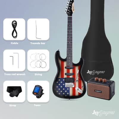 Leo Jaymz 39“ Full Size ST Style Electric Guitar Starter Kit with SSH Pickup, 5W Portable Amp - US Flag image 7