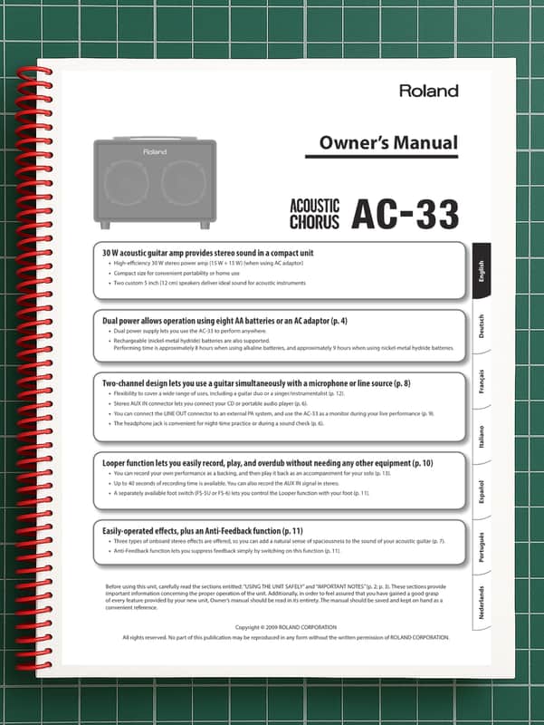Roland AC-33 — Owners Manual User Guide Instructions — 15 Pages — USA Made image 1