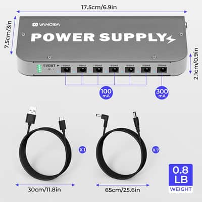 Guitar Pedal Power Supply Vangoa Built-in 3.7V/4600mAh Rechargeable Battery with Battery Indicator 7 Outputs(100mA,300mA) with USB Port Portable 9V Power Supply for Guitar Bass Effect Pedal Board image 3