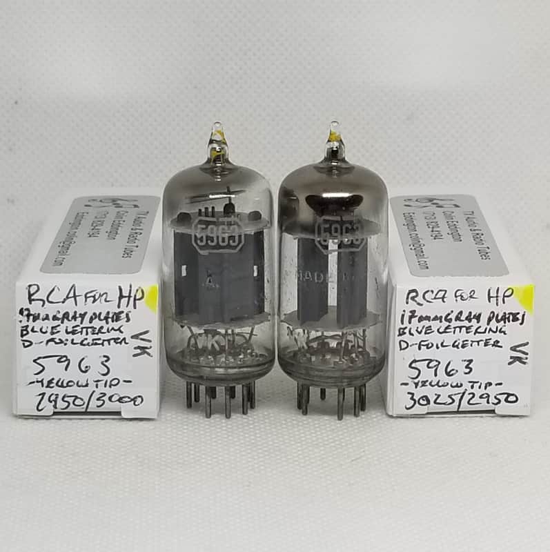 RCA Made For HP 5963 D-Foil Getter, **Yellow Tip** Gray Plate Well Matched Pair (2.4%) NOS 12AU7 12AU7A 5963 image 1