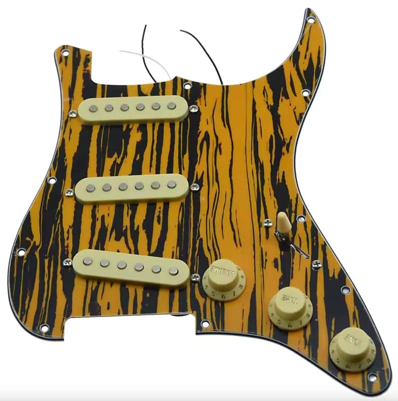 Black Yellow Strip SSS Guitar Strat Style Prewired Loaded Pickguard image 1