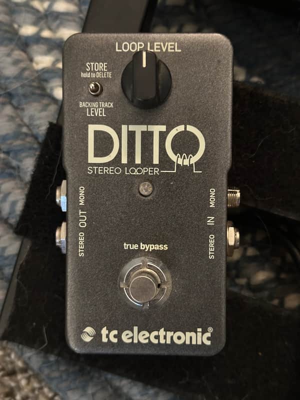 Black Ditto stereo looper pedal with knobs and brand name visible.