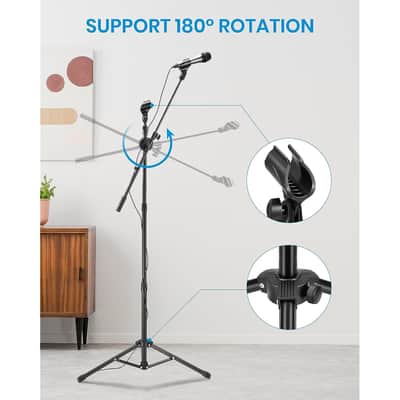 Microphone Stand, Tripod Boom Mic Stand With 2 Non-Slip Mic Clip Holders & 2 Foam Covers, Collapsible Adjustable Mic Stand For Singing, Karaoke, Stage And Outdoor Activities, Black, Mms-3 image 3