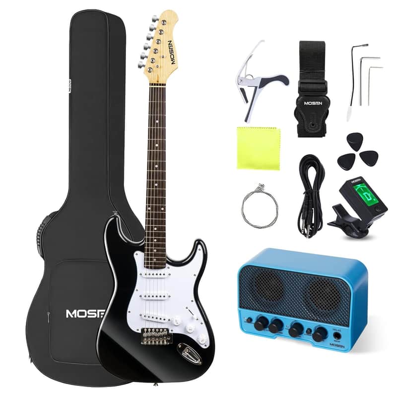 Mosen 39In Full Size Beginner Electric Guitar Starter Kit, Beginner Starter, With Amplifier, Sss Pickups, Gig Bag, Pick, Tunner, Capo, Cable, Tremolo Bar, Wiping Cloth - Black image 1