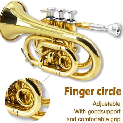 Bb Flat Pocket Trumpet Bass Trumpet For Beginner,Student With Cleaning cloth, Silver plated 7C mouthpiece,hard case White gloves (Gold) image 3