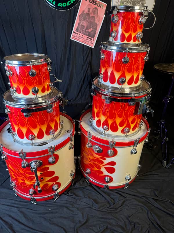 Rikki Rockett's Poison, 1990-1992 Flesh and Blood Tour DW 7-Piece Drum Set Early 1990s - Custom Red Flame Graphic by Cycle Fab image 1