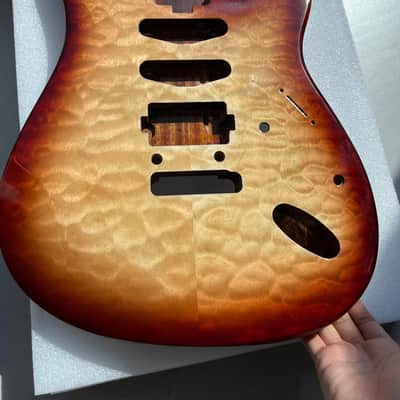 Vibrato system Strat Style Guitar Body | Mahogany Core with Quilted Maple Top, Gloss 3-Color Sunburst Finish, S-S-H Pickup Routing, for DIY Build image 1