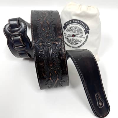 Walker & Williams LIP-07 Dark Bourbon Brown Carved Leather Spade Cut Strap with Tooled Cross and Thorns image 10