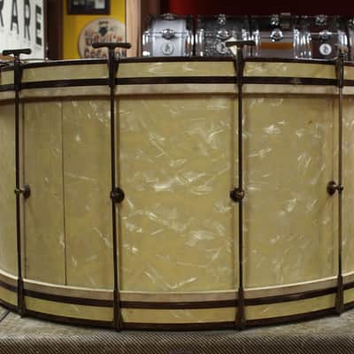 1930s Leedy 14x28 Spartan Bass Drum in White Marine Pearl w/ Knobby Gold Hardware image 6