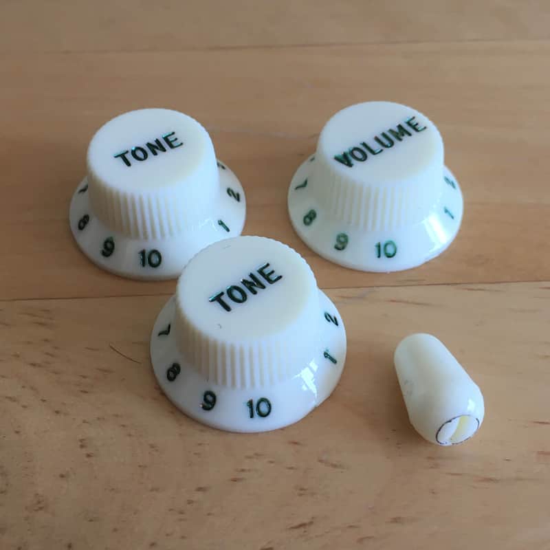 Fender American Vintage White Green Font Reissue Strat 3 Knobs Complete Set + Tip Pale Mint image 1