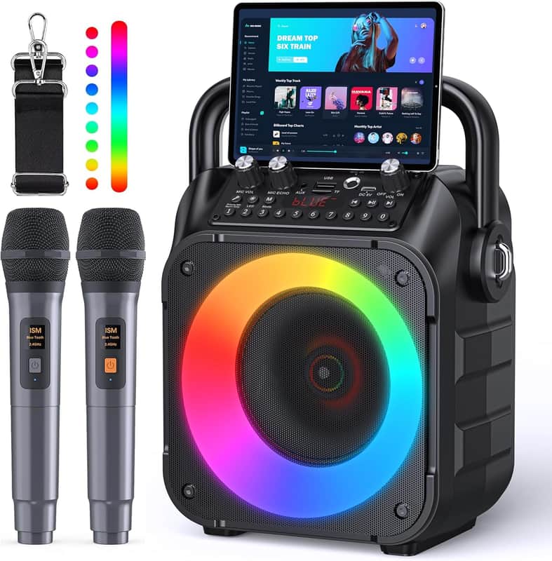 Karaoke Machine, Portable Bluetooth Speaker with 2 Wireless Microphones for Adults & Kids with Lights, Karaoke Microphone with PA System Supports USB/TF/REC/FM/AUX for Home Party Home System Packages image 1