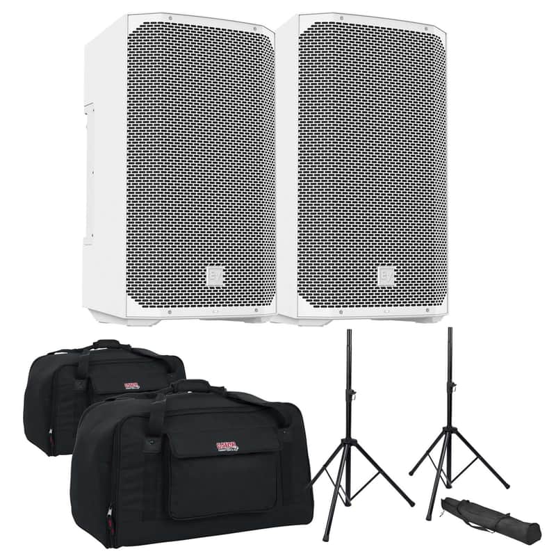 (2) Electro-Voice EVERSE 12 Weatherized Battery-Powered (White) - Speaker Stands - (2) Gator Tote12 Bundle image 1